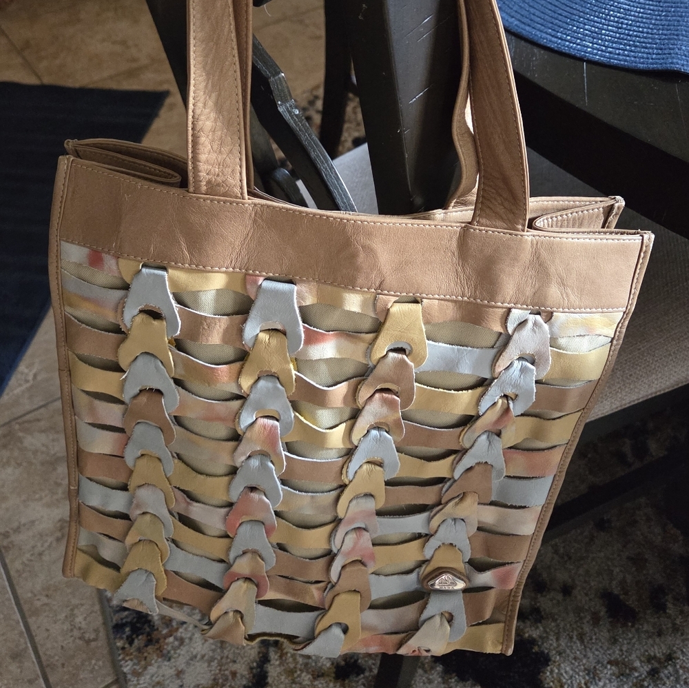 DONATED TO SHELTER Elegant Tan and Multicolor Woven Leather Tote